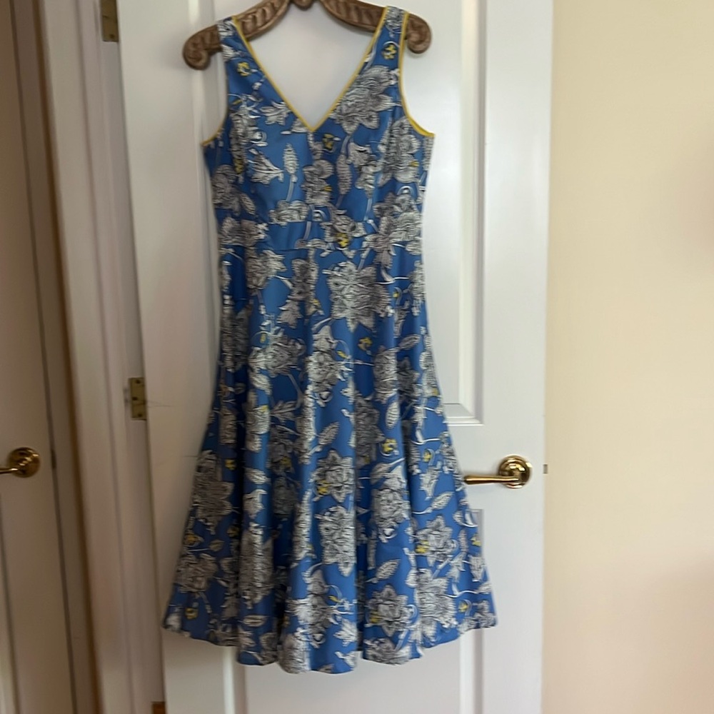 Boden Blue Floral Midi Dress with Yellow Trim